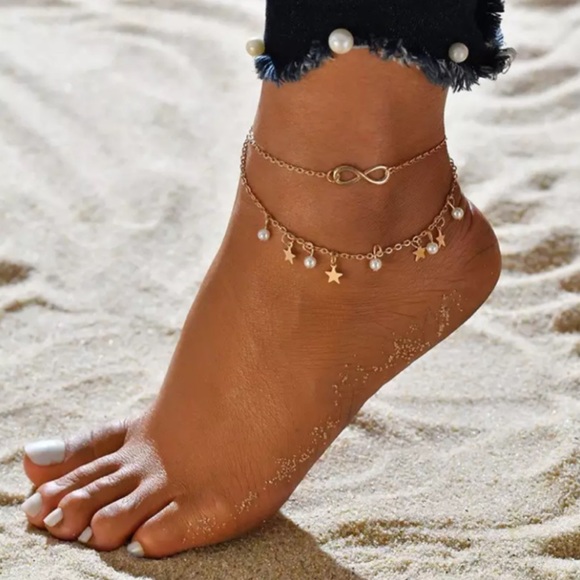 Boho Double Strand Infinity Anklet Set with Pearls - Picture 1 of 13